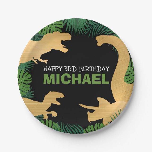 Dinosaur Birthday Dino Trex Prehistoric Gold Kids Paper Plate (Front)