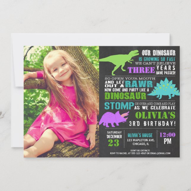 Dinosaur birthday girl chalkboard photo invitation (Front)