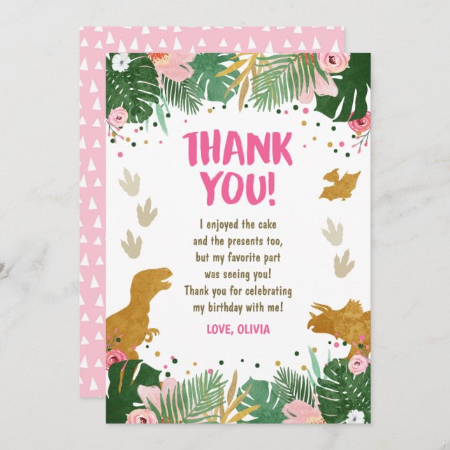 Dinosaur Birthday Girl Gold Pink Leave Thank You Invitation (Front/Back)