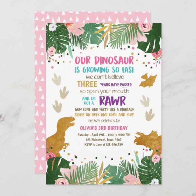 Dinosaur Birthday Girl Gold Pink Leaves Party Dino Invitation (Front/Back)