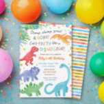 Dinosaur Birthday Invitation Colourful Cute<br><div class="desc">Celebrate your kiddo's birthday with these cute dinosaur birthday party invitations! With adorable,  colourful hand-painted dinosaurs including T-Rex,  Pterodactyl,  Stegosaurus,  Triceratops and Brontosaurus!  Perfect for the little guy or gal who loves dinosaurs.  Back has matching striped pattern.</div>
