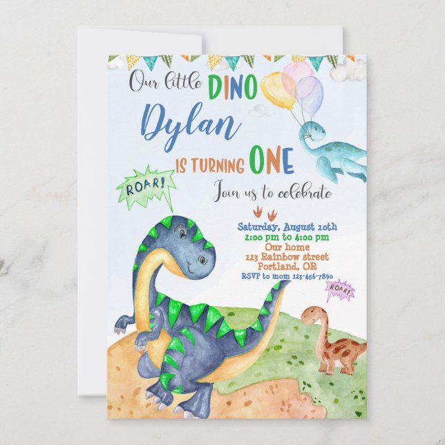 Dinosaur birthday invitation Dino 1st birthday (Front)