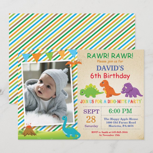 Dinosaur Birthday Invitation Dino Party (Front/Back)