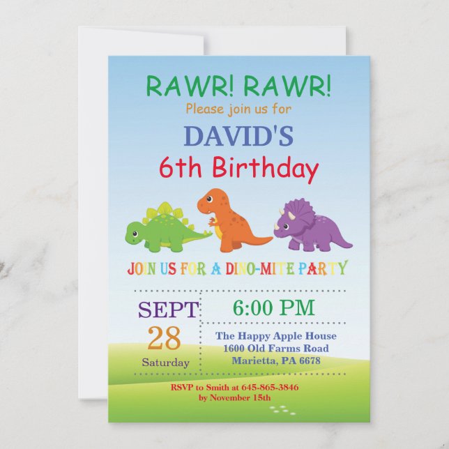 Dinosaur Birthday Invitation Dino Party (Front)