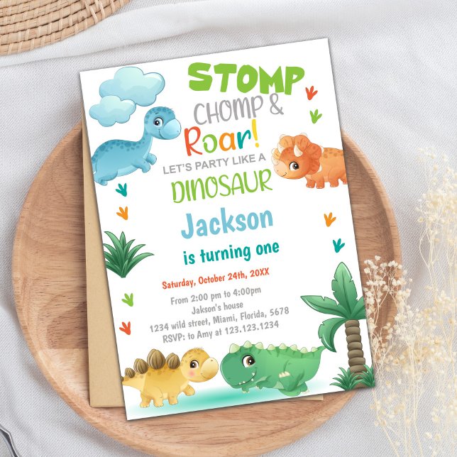 Dinosaur Birthday Invitation, Dinosaur Invitation (Green Gold Glitter Dinosaur Birthday Invitations)
