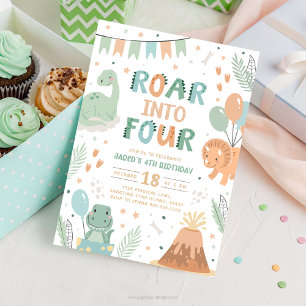 Dinosaur Birthday Invitation Four. Cute Baby Dino 