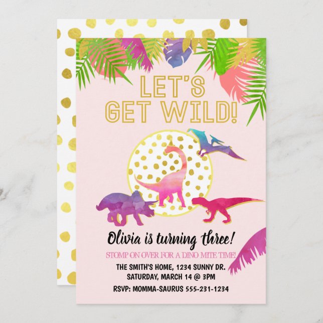 Dinosaur Birthday Invitation Girl Birthday (Front/Back)
