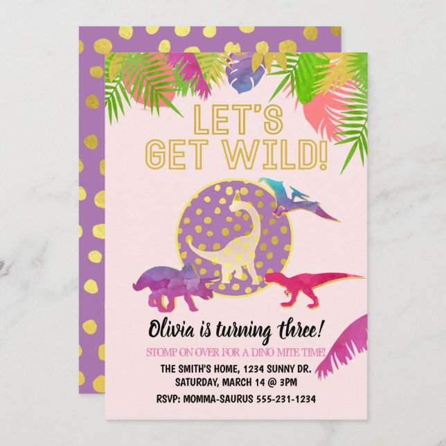 Dinosaur Birthday Invitation Girl Birthday Purple (Front/Back)