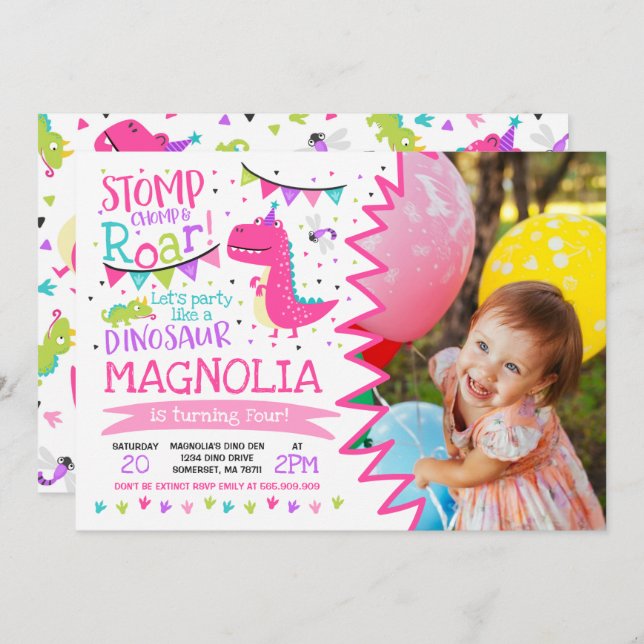 Dinosaur Birthday Invitation Girl Dinosaur Party (Front/Back)