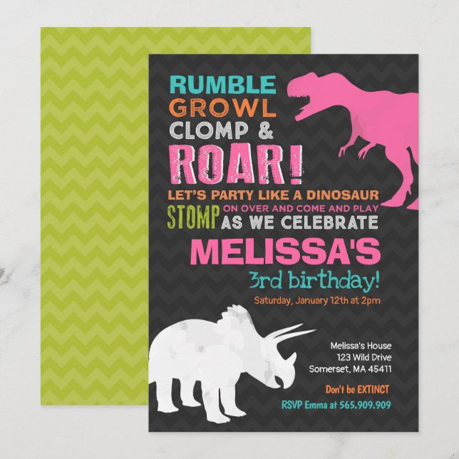 Dinosaur Birthday Invitation Girl Dinosaur Party (Front/Back)