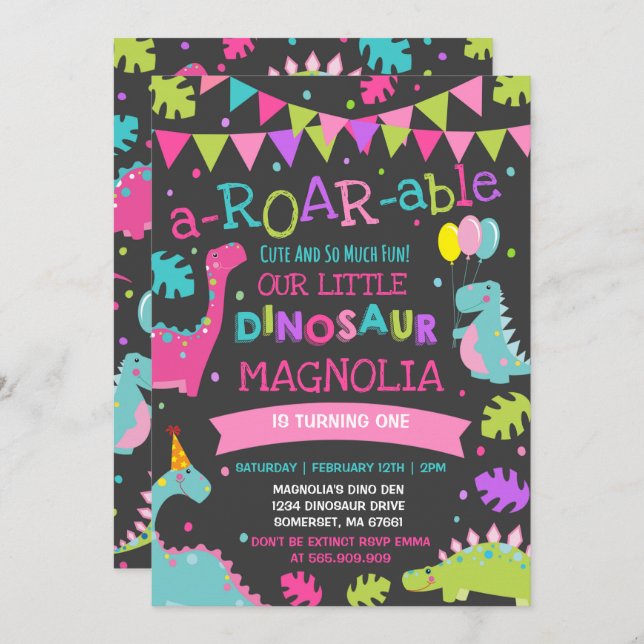 Dinosaur Birthday Invitation Girl Dinosaur Party (Front/Back)