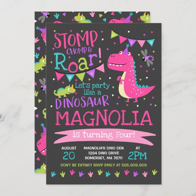 Dinosaur Birthday Invitation Girl Dinosaur Party (Front/Back)