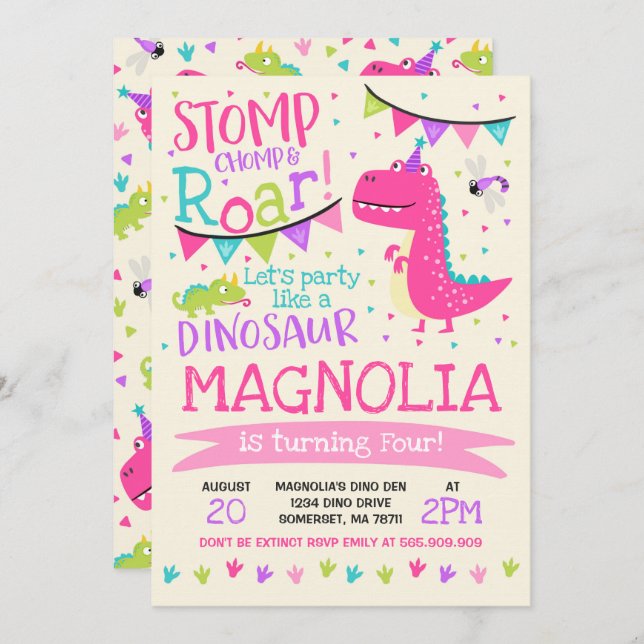Dinosaur Birthday Invitation Girl Dinosaur Party (Front/Back)