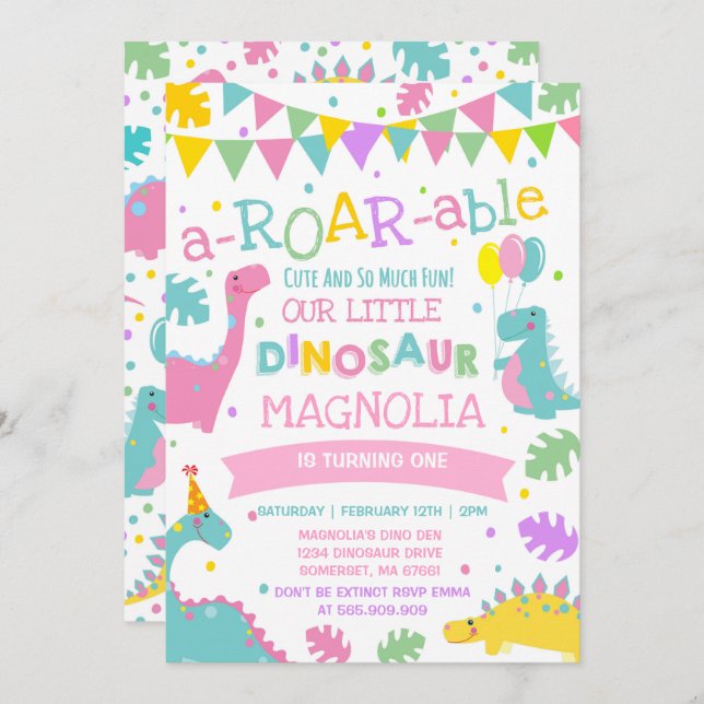 Dinosaur Birthday Invitation Girl Dinosaur Party (Front/Back)
