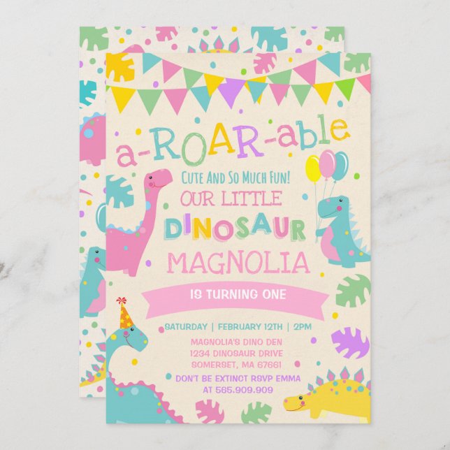Dinosaur Birthday Invitation Girl Dinosaur Party (Front/Back)