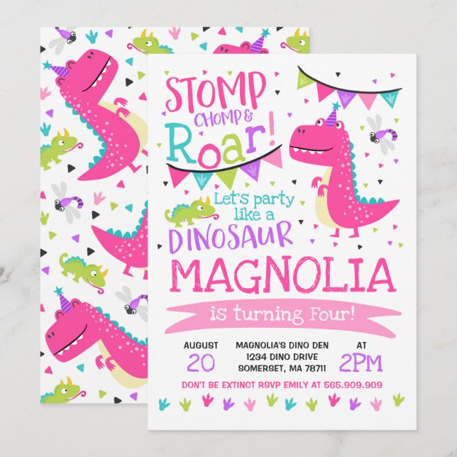 Dinosaur Birthday Invitation Girl Dinosaur Party (Front/Back)
