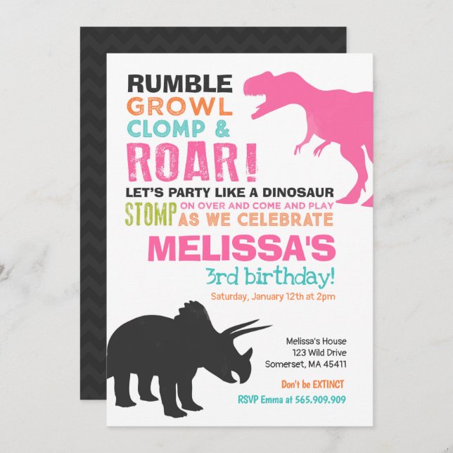 Dinosaur Birthday Invitation Girl Dinosaur Party (Front/Back)