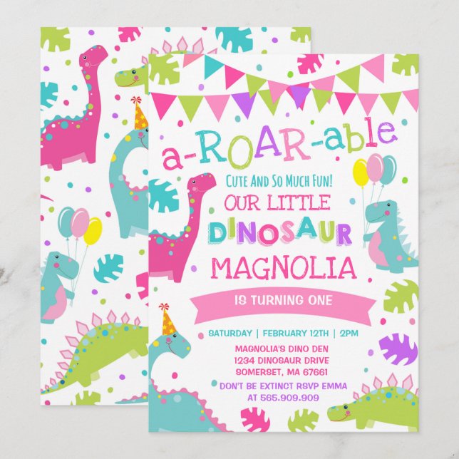 Dinosaur Birthday Invitation Girl Dinosaur Party (Front/Back)