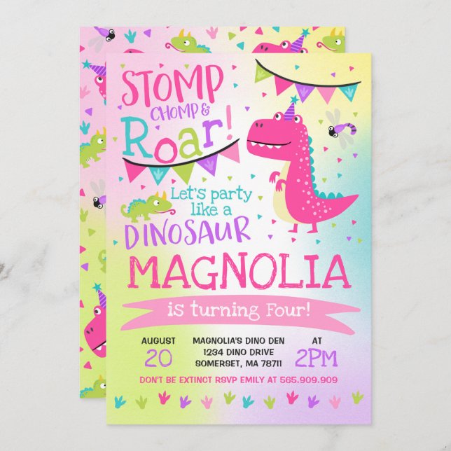 Dinosaur Birthday Invitation Girl Dinosaur Party (Front/Back)