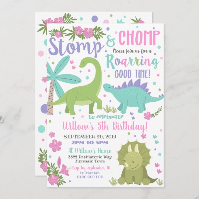 Dinosaur Birthday Invitation Girl Pink Dinosaur (Front/Back)