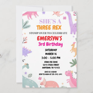 Dinosaur Birthday Invitation Girls Cute Three-Rex 