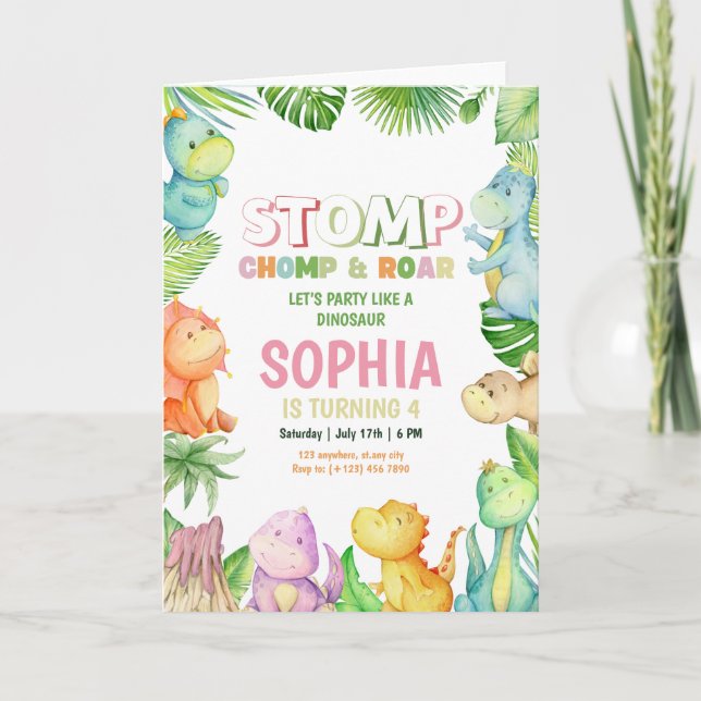 Dinosaur Birthday Invitation Girls Dino Birthday  (Front)