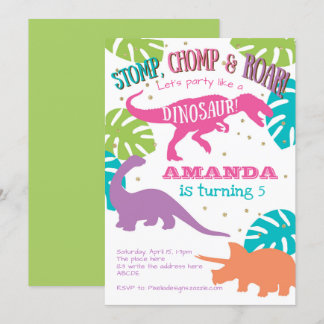 Dinosaur Birthday Invitation, Pink, Girl Birthday Invitation