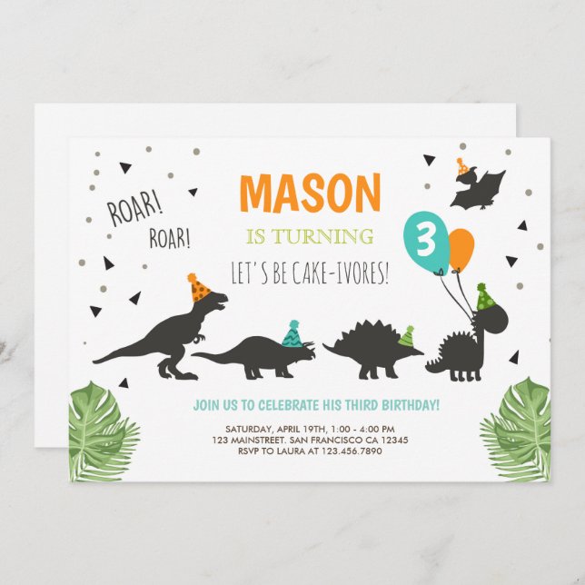 Dinosaur Birthday Invitation ROAR Dino (Front/Back)