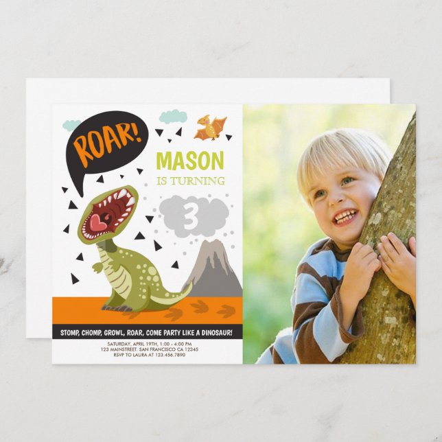 Dinosaur Birthday Invitation ROAR Dino Stomp Chomp (Front/Back)