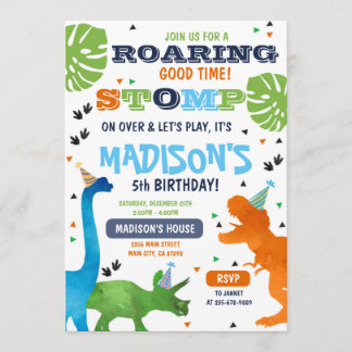 Dinosaur birthday invitation roar stomp on over