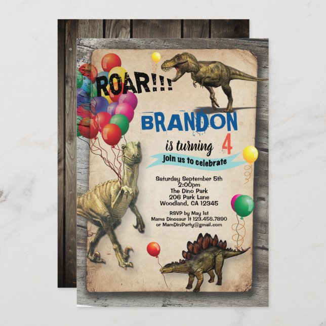Dinosaur birthday invitation rustic realistic (Front/Back)