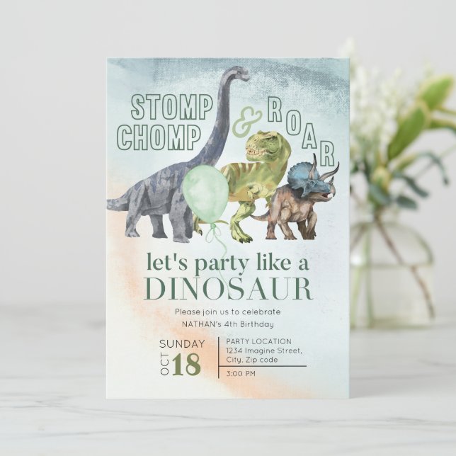 Dinosaur birthday invitation, Stomp Chomp and Roar Invitation (Standing Front)