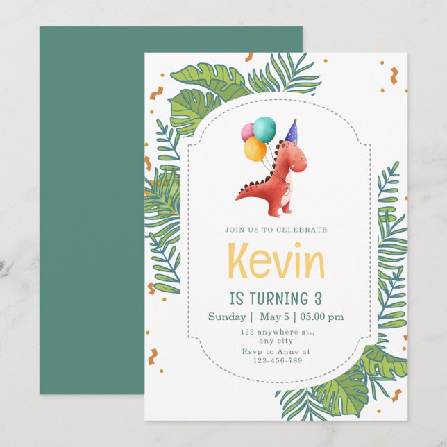 Dinosaur Birthday Invitation, Three Rex Birthday Invitation (Front/Back)