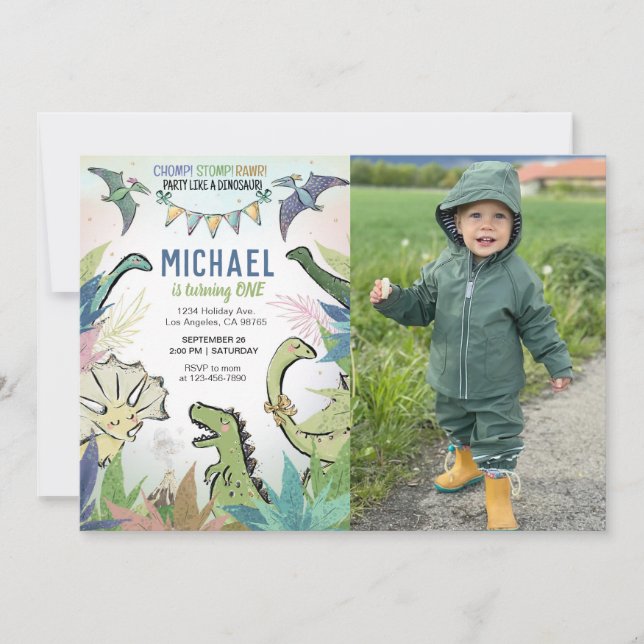Dinosaur Birthday Invitation with Photo (Front)