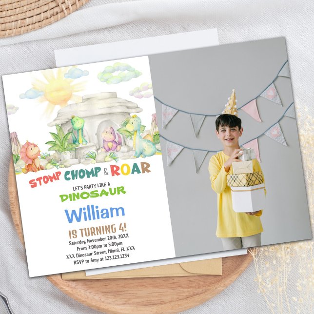 Dinosaur Birthday Invitation with Photo (Stomp Chomp Roar Dinosaur Birthday Photo Invitation)