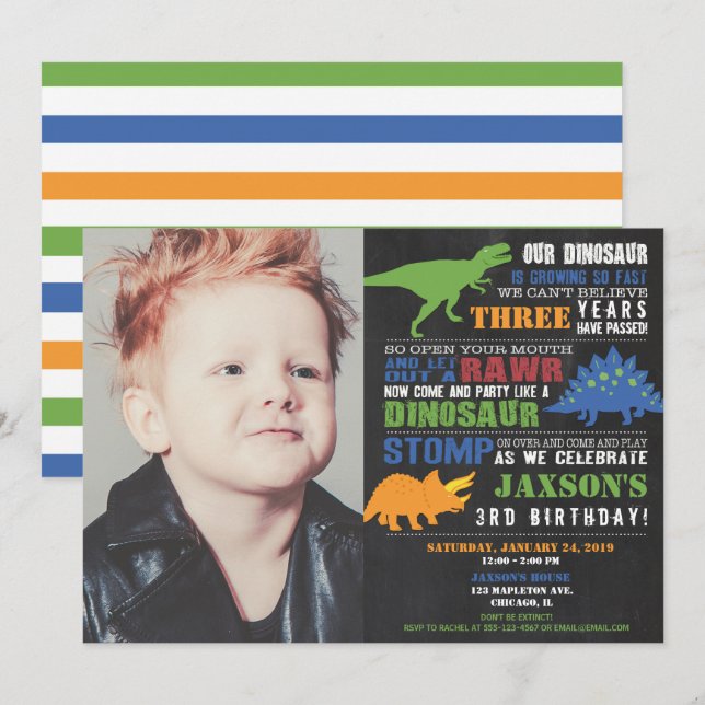 Dinosaur birthday invitations boy photo invitation (Front/Back)