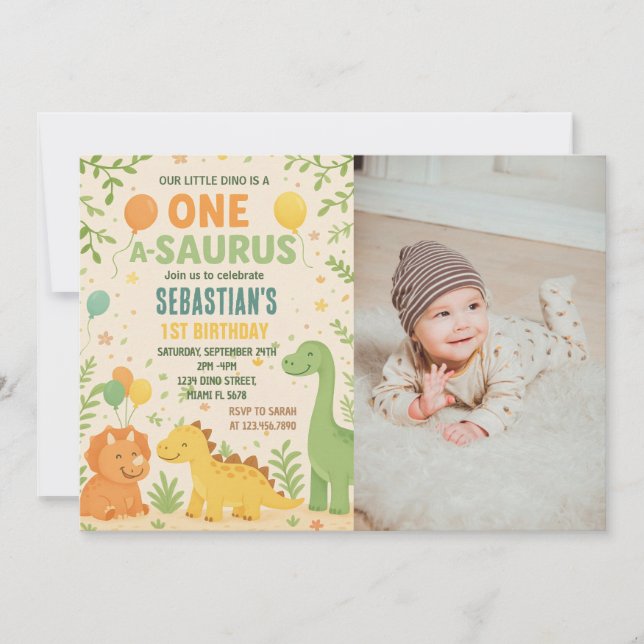 Dinosaur Birthday Invitations with photo (Front)