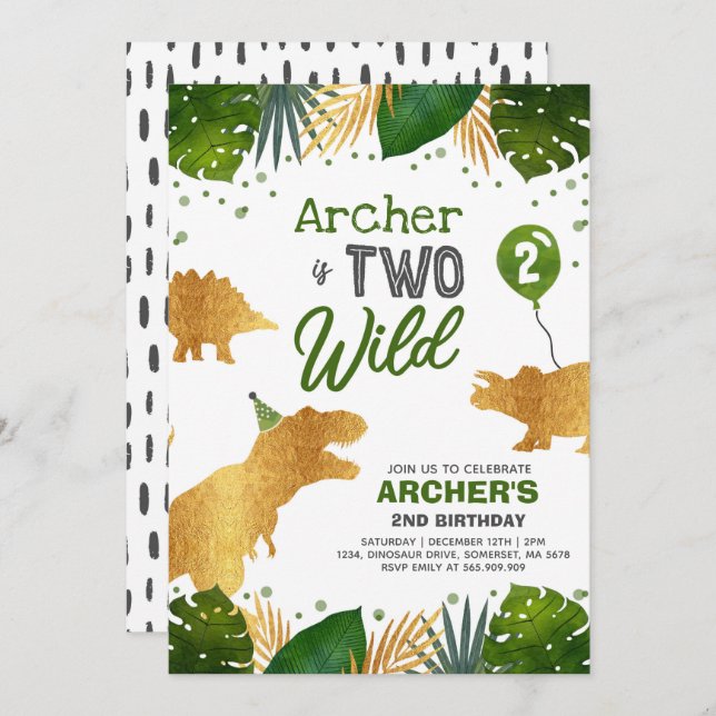 Dinosaur Birthday Invite Two Wild Dinosaur Party (Front/Back)