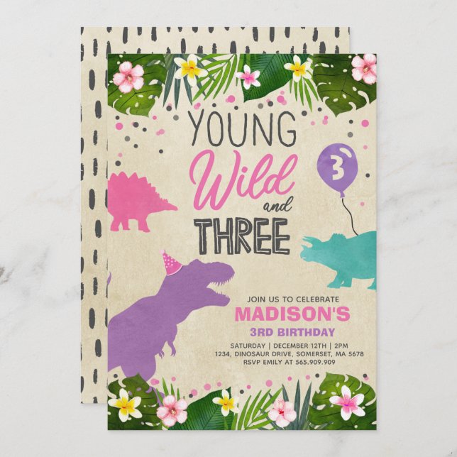 Dinosaur Birthday Invite Wild And Three Dino Party (Front/Back)