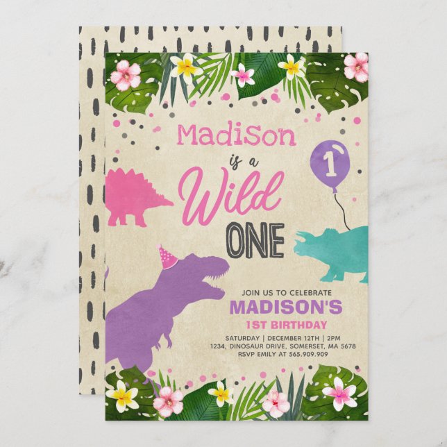 Dinosaur Birthday Invite Wild One Dinosaur Party (Front/Back)