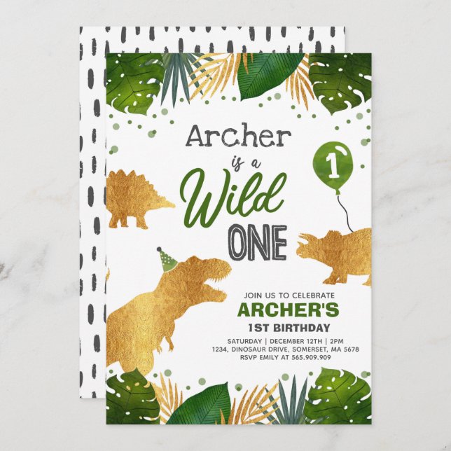 Dinosaur Birthday Invite Wild One Dinosaur Party (Front/Back)