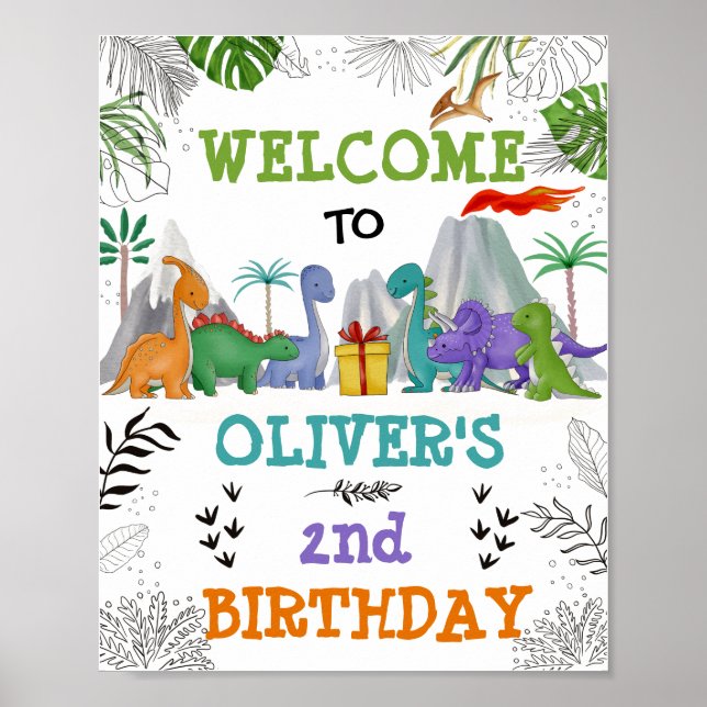 Dinosaur Birthday Jungle Leaves Party Welcome Poster (Front)
