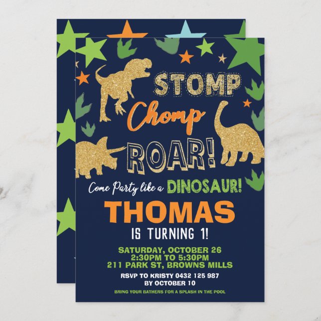 Dinosaur Birthday Party Bash Boy Roarsome Invitation (Front/Back)
