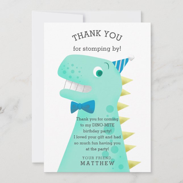 Dinosaur Birthday Party Boy's Thank You Card (Front)