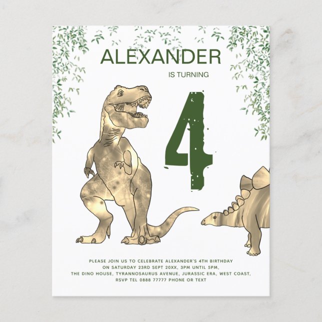 Dinosaur Birthday Party Budget Invitation Flyer (Front)