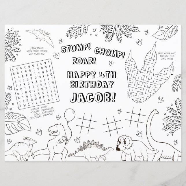 Dinosaur Birthday Party Colouring Placemat (Front)