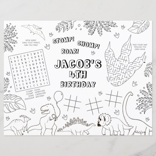 Dinosaur Birthday Party Colouring Placemat (Front)