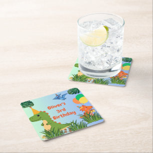 Dinosaur Birthday Party- Cute Dino Theme Square Paper Coaster