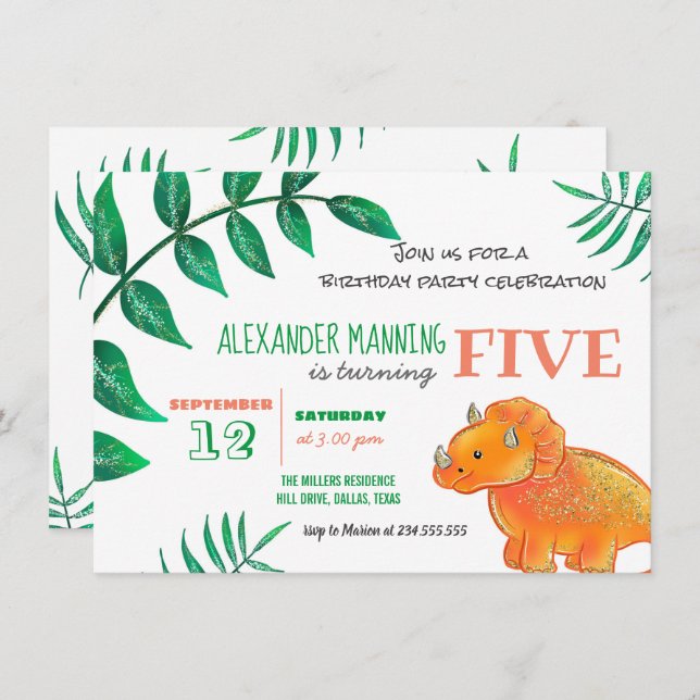 Dinosaur Birthday Party | Cute Orange Triceratops Invitation (Front/Back)