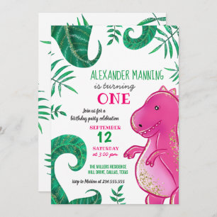 Dinosaur Birthday Party Cute T-Rex Pink Invitation